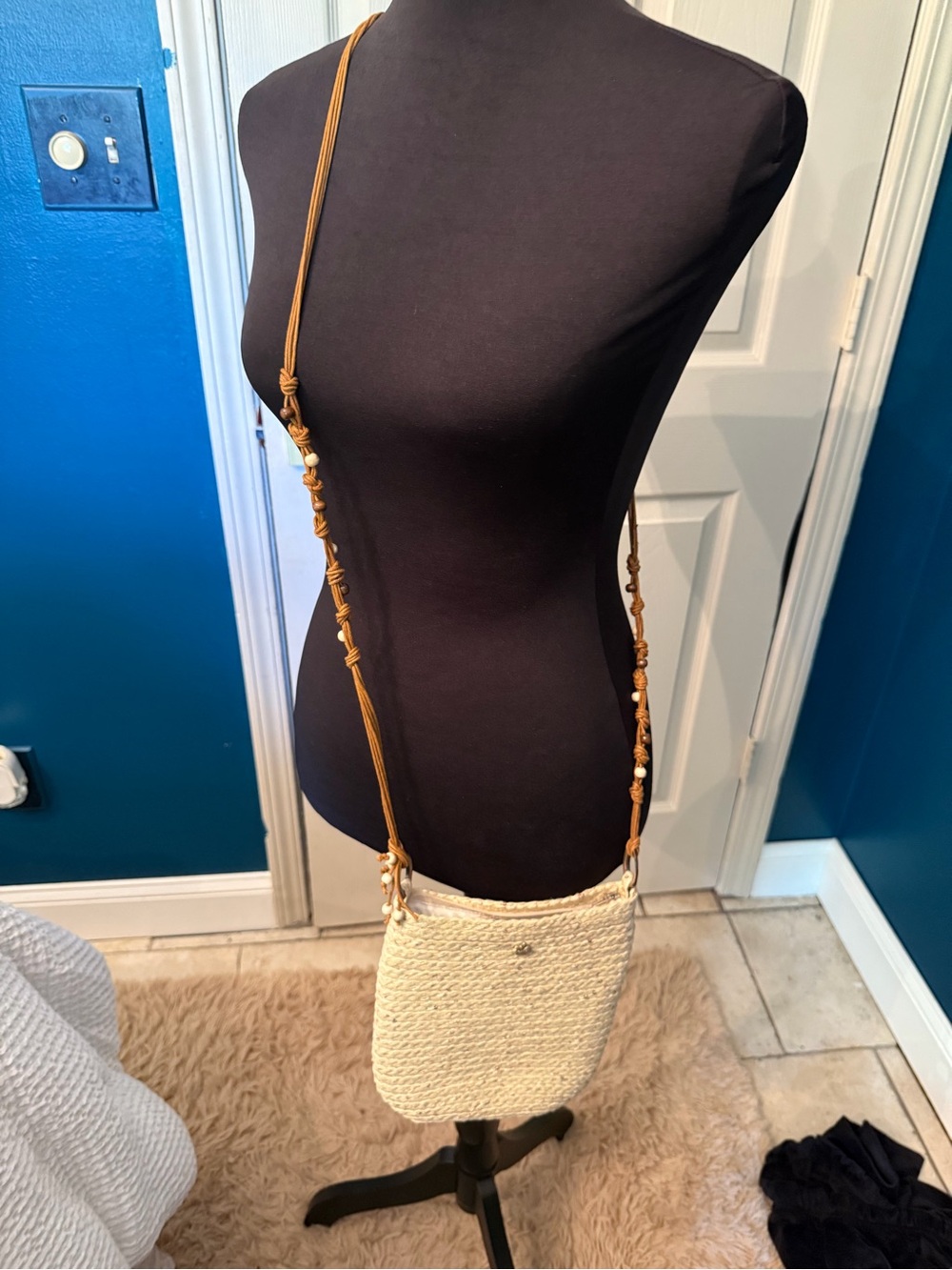 Capelli of New York Cream Woven Crossbody with Tan Beaded Strap